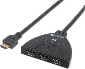 HDMI Switch 3-Port 4K@60Hz Connects x3 HDMI sources to x1 display Manual Switching via button Integrated Cable 58cm No external power required Black Three Year Warranty