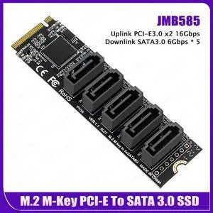 Riser Card M.2 Key JMB585 For NVME Converter With SATAIII SATA 3.0 Cable M.2 PCIe 3.0 To 5 Ports SATA III 6G SSD Adapter Card