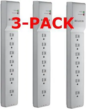 Belkin BE107200-06 7-Outlet Home Office Surge Protector Slim Design 6ft Right Angle Plug 3-Pack