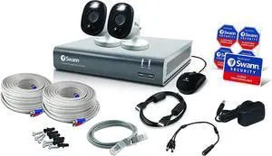 Swann Home Security Camera System, 4 Channel 2 Cameras, Wired CCTV Surveillance 1080p HD DVR 1TB HDD, Weatherproof, Color Night Vision, Heat & Motion Sensor Light, Alexa + Google