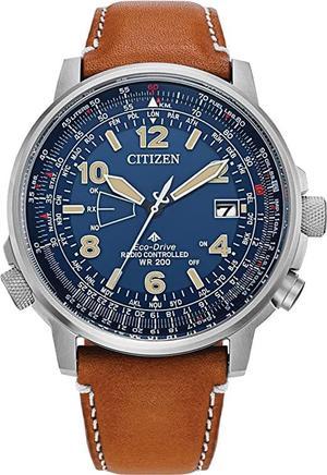 Citizen Mens EcoDrive Promaster Air Skyhawk Atomic Time Keeping Watch in Super Titanium with Brown Leather Strap Blue Dial Model CB024100L
