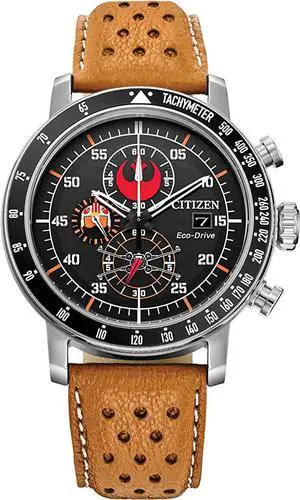 Citizen Eco-Drive Star Wars Men's Watch, Stainless Steel with Orange Leather strap, Rebel Pilot, Silver-Tone (Model: CA4478-56L)