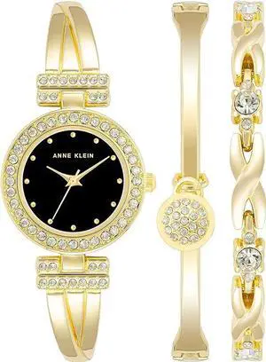 Anne Klein Women's Premium Crystal Accented Bangle Watch and Bracelet Set AK/1868BKST