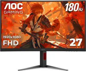 AOC C27G4H 27" Curved Gaming Monitor, FHD 1080p, 180Hz, AMD FreeSync, 3-Year Zero Dead Pixel Guarantee, Black, Xbox PS5 Switch Compatible