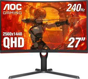 AOC CQ27G4H 27" Curved Gaming Monitor, QHD 2K 2560x1440, 1500R VA, 180Hz 0.5ms, AMD FreeSync Premium, Height Adjustable Stand, Xbox PS5 Switch Compatiable, 3-Year Zero-Bright-dot