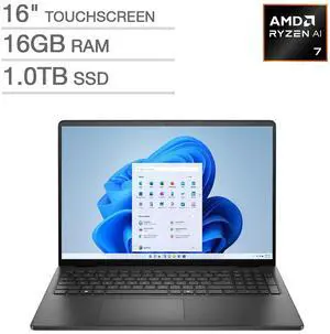 Dell 16 Touchscreen Laptop - 16.0" FHD+ 1920x1200 Touchscreen - Ryzen 7 250 - 16GB RAM - 1TB SSD - Windows 11 Home - Carbon Black