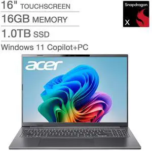 Acer Aspire 16" AI Copilot+ PC Touchscreen Laptop  Snapdragon X X1-26-100  WUXGA (1920 x 1200)  16GB RAM  1TB SSD - Windows 11 Home  Steel Gray