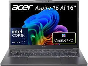 Acer Aspire 16 AI Copilot Plus Laptop A16-52MT-9520 32GB RAM 1TB SSD | 16in WUXGA IPS touchscreen, up to 5.1GHz, Intel Arc 140V graphics, WiFi 7, Steel Gray Acer Aspire 16 AI Copilot Plus Laptop A16-52MT-9520 32GB RAM 1TB SSD | 16in WUXGA IPS touchscreen, up to 5.1GHz, Intel Arc 140V graphics, WiFi 7, Steel Gray