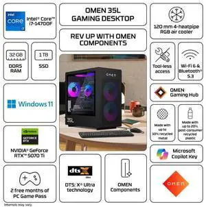 HP OMEN 35L Gaming Desktop, i7-14700F, Nvidia GeForce RTX 5070Ti, 32GB DDR5, 1TB SSD, Windows 11, GT16-0544 HP OMEN 35L Gaming Desktop, i7-14700F, Nvidia GeForce RTX 5070Ti, 32GB DDR5, 1TB SSD, Windows 11, GT16-0544