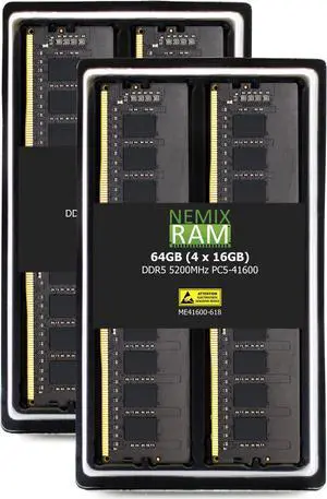 NEMIX RAM 64GB (4X16GB) DDR5 5200MHZ PC5-41600 1Rx8 1.1V 288-PIN ECC Unbuffered UDIMM Memory KIT