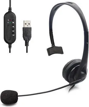 USB Unilateral Headset, Wired USB Headphone With Microphone Noise Reduction And Audio Control For PC Computer Business Communication Online Chat UC Skype Lync Softphone Call Center Office Gaming-Black