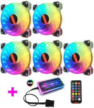 RGB Series Case Fan 5 Packs, 120mm Case Cooler with Remote Music Controller, Reinforced Silent Fan Blade Design, Adjustable Color Non-Slip PC Computer LED Radiator--6pin