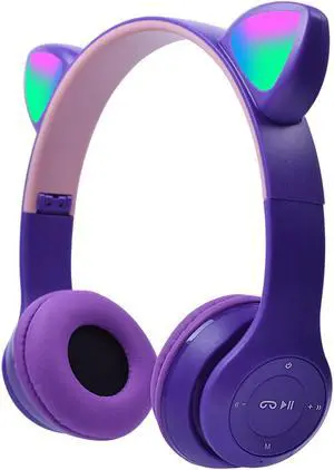 Bluetooth Cat Ear Kids Headphones with Mic, Wireless/Wired Foldable Over-Ear Headset with Led Light UP & 85db Volume Limited for School, Online Learning, Boys, Girls, Children, Tablet, iPad & PC