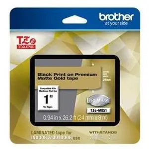 Brother TZeM851 Black Print on Premium Matte Gold Laminated Tape for P-touch Label Maker, 24 mm (0.94") Wide x 8 m (26.20 ft.) Long