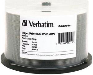 Verbatim 95213 Verbatim DVD+RW 4.7GB 4X DataLifePlus White Inkjet Printable - 50pk Spindle - 4.7GB - 50 Pack