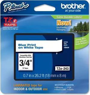 Brother P-Touch TZe Standard Adhesive Laminated Labeling Tape 3/4w Blue on White