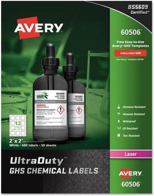 Avery UltraDuty GHS Chemical Labels for Laser Printers, Waterproof, UV Resistant, 2 x 2, 600 Pack (60506)