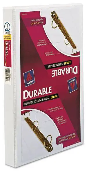 Avery 7771116500 Legal Three-Ring Durable View Binder W/Round Rings, 14 X 8 1/2, 1 Inch Cap, White