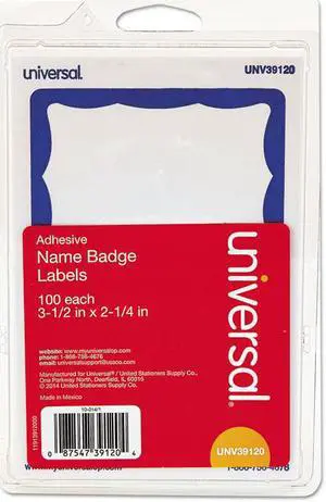 General Supply 92265 Border-Style Self-Adhesive Name Badges, 3 1/2 X 2 1/4, White/Blue, 100/Pack