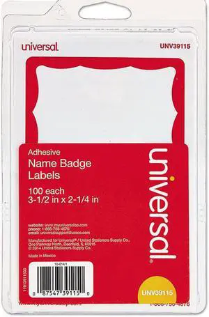 General Supply 92264 Border-Style Self-Adhesive Name Badges, 3 1/2 X 2 1/4, White/Red, 100/Pack