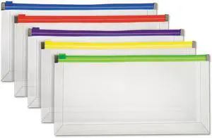Pendaflex 85293 Poly Zip Envelope, Check, Open Side, Assorted, 5/Pack