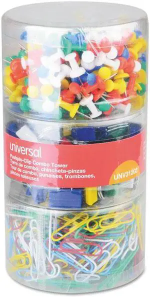 Universal 31203 Combo Clip Pack, Assorted Binder Clips/Paper Clips/Push Pins