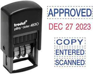 Trodat E4853L Economy 5-In-1 Micro Date Stamp, Self-Inking, 3/4 X 1, Blue/Red