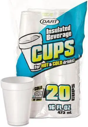 Dart 16FP20 Large Foam Drink Cup, 16 Oz, Hot/Cold, White, 20/Bag, 12 Bag/Carton