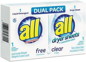 All 1R-2979355 Free Clear He Liquid Laundry Detergent/Dryer Sheet Dual Vend Pack, 100/Ctn