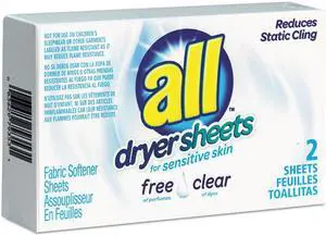 All R1-2979353 Free Clear Vend Pack Dryer Sheets, Fragrance Free, 2 Sheets/Box, 100 Box/Carton