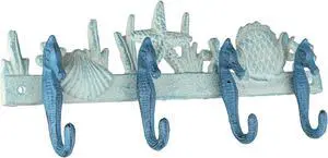 Enchanting Blue and White Cast Iron Seahorse Nautical Sea Life Decorative Wall Hook, Towel Hanger or Coat Rack - Perfect Beach Home and Coastal Accent