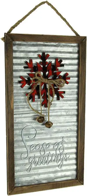 Wood Framed Rustic Metal Seasons Greetings Wall Hanging