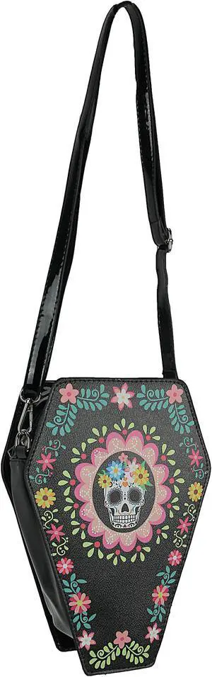 Day of the Dead Sugar Skull Coffin Shaped Convertible Mini Backpack / Crossbody Purse for Adults Day of the Dead Sugar Skull Coffin Shaped Convertible Mini Backpack / Crossbody Purse for Adults