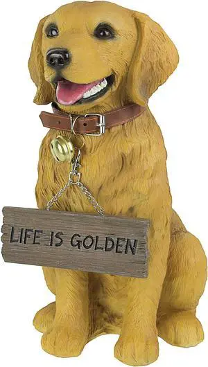 12.75 Inch Tall Golden Retriever Dog Realistic Lifelike Statue with Reversible Sign