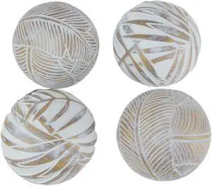 Whitewashed Tropical Leaf Wood Look Decor Balls Set of 4