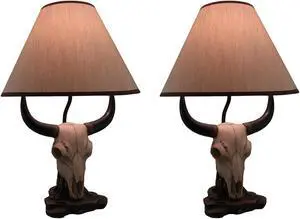 Pair of Cast Resin Cow Skull Lamps for Ranch-style Living: Set of 2 Table Lamps with 8-Inch Fabric Shades, Perfect for Rustic Bull Farm Decor, 19.5 Inches High