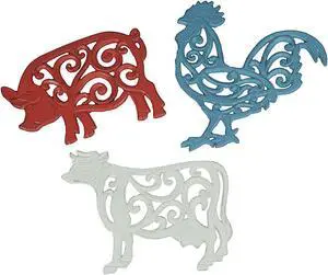 Set of 3 Red, White, and Blue Cast Iron Cow, Pig, and Rooster Kitchen Trivets Decorative Wall Art Hangings - Charming Farmhouse Kitchen Décor - 9 Inches