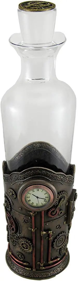 Time for Spirits Glass Spirit Decanter in Steampunk Basket with Clock