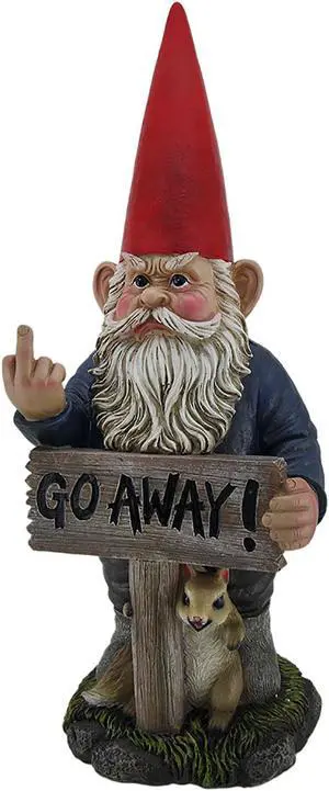 "Take A Hike" Defiant Go Away Resin Garden Gnome Un-Welcome Sign - Red Hat Grumpy Rude Gesture Porch Statue - Standing 17.5 Inches Tall - Giving a One-Finger Salute