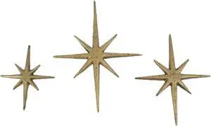 Set of 3 Gold Finish Cast Iron 8-Pointed Atomic Starburst Wall Hangings - Mid-Century Modern Elegance - Easy Install - Perfect for Vintage and Eclectic Decor