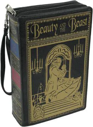 Enchanting Black Vinyl Beauty and the Beast Book-Shaped Handbag: Novelty Zippered Clutch Purse with Crossbody Strap for Fairy Tale Fashion Enthusiasts