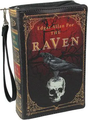 The Raven Book-Shaped Novelty Clutch Purse in Black Vinyl - Comes With Wrist Strap - A Gothic Crossbody Handbag Inspired by Edgar Allan Poe's Enigmatic Tale