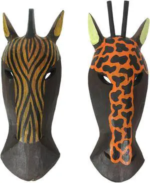 Set of 2 Hand-Carved African Zebra and Giraffe Mask Wall Hangings for Safari Splendor - 12 Inches High - Easy To Hang - Great For Bedrooms and Bathrooms