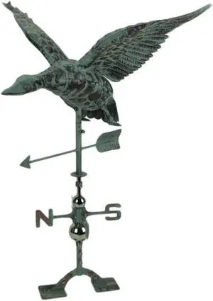 Verdigris Patina Metal Flying Duck Weathervane with Roof Mount