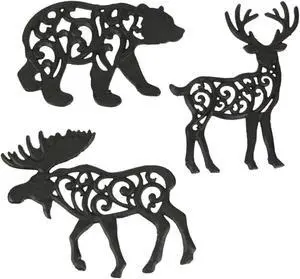 Set of 3 Black Cast Iron Lodge Design Wild Forest Animal Western Kitchen Table Décor Trivets Decorative Wall Hanging Art Deer Moose and Bear 9 Inches Long