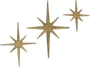 Radiant Trio of Large Metallic Gold Cast Iron Starburst Wall Hangings - Timeless Mid Century Modern Décor - 8 Pointed Stars - Elegantly Transform Your Space