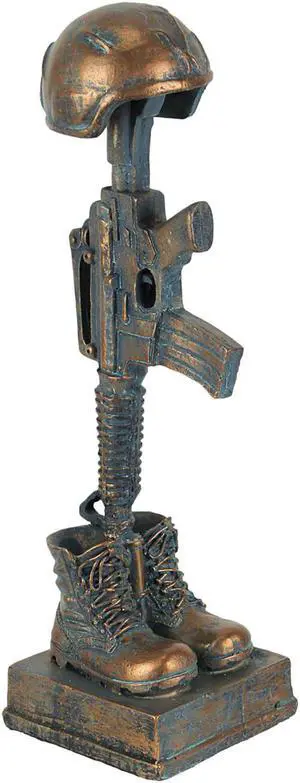 Antique Bronze Finish Battle Cross Fallen Soldier Helmet Boots and Rifle Statue