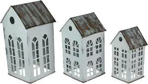 Enchanting Set of 3 Distressed White Metal House-Shaped Christmas Village Candle Holders: Rustic Farmhouse Charm for Cozy Winter Nights, Western Country Decor Accent Pieces