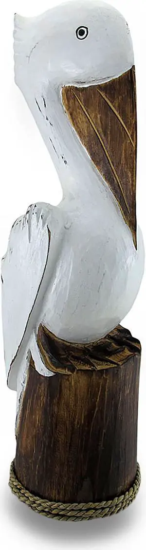 Hand Carved / Painted Wooden Pelican On Piling Statue Coastal Décor