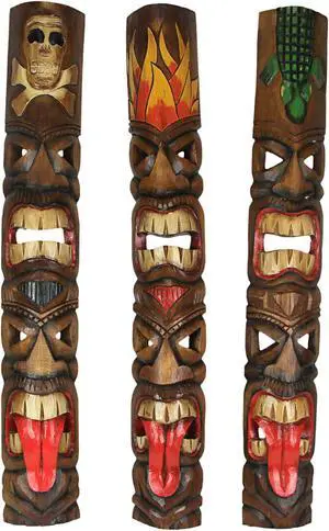 Set of 3 Unique Hand-Carved Wood Double Tiki Mask Totem Wall Decor Sculptures - 40 Inches High - Vibrant Tropical Tribal Artistry for Indoor and Outdoor Spaces
